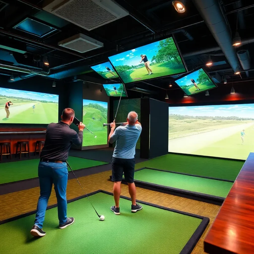 Interior of X-Golf with golfers enjoying simulators and food