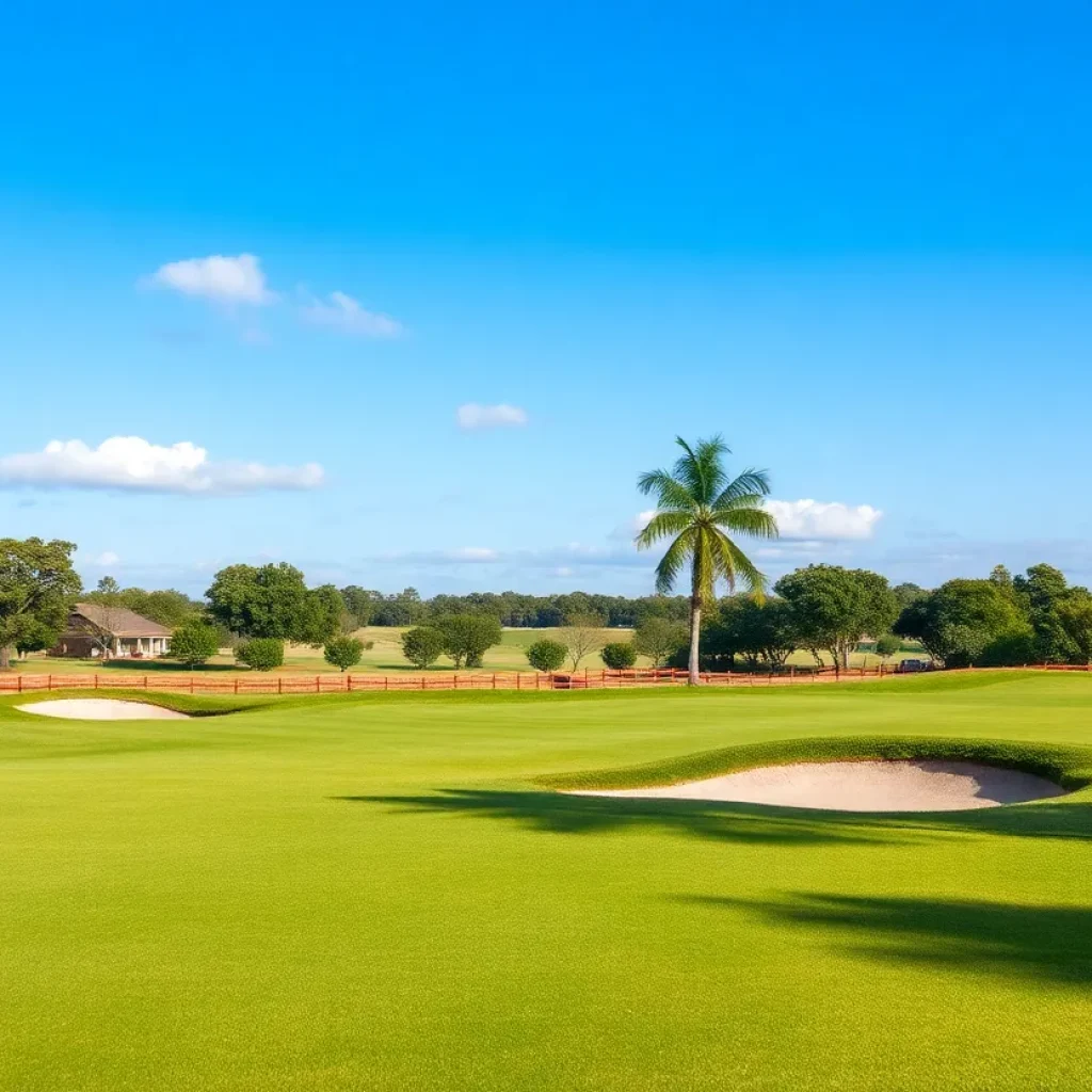 Close up of a beautiful golf course with vibrant greens and scenic views.