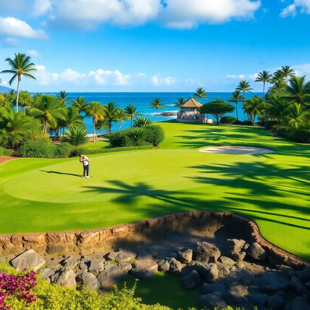 Golfers playing on a hilly golf course in Hawaii during the 2025 PGA Tour