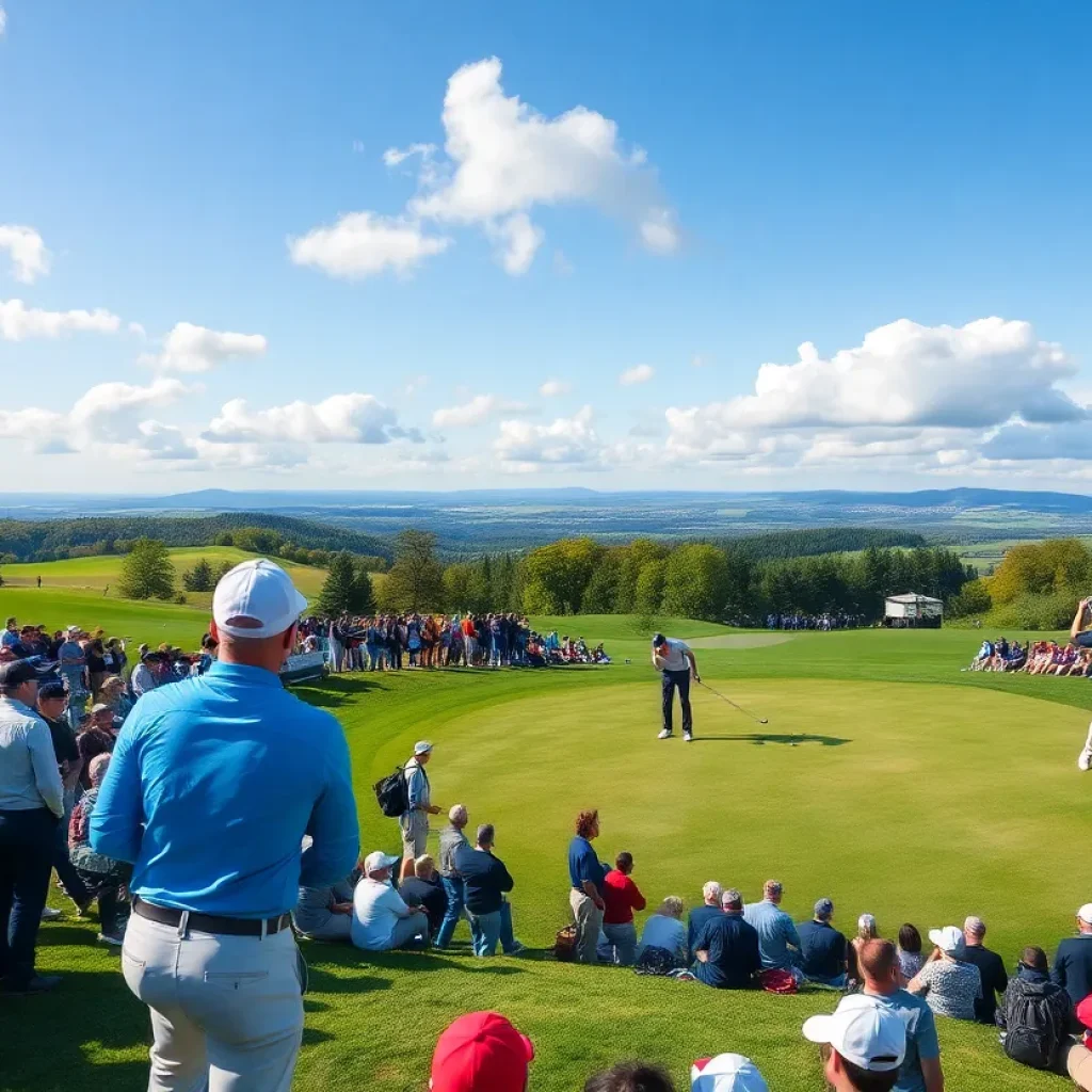 A golfer practicing a swing on a beautiful golf course.