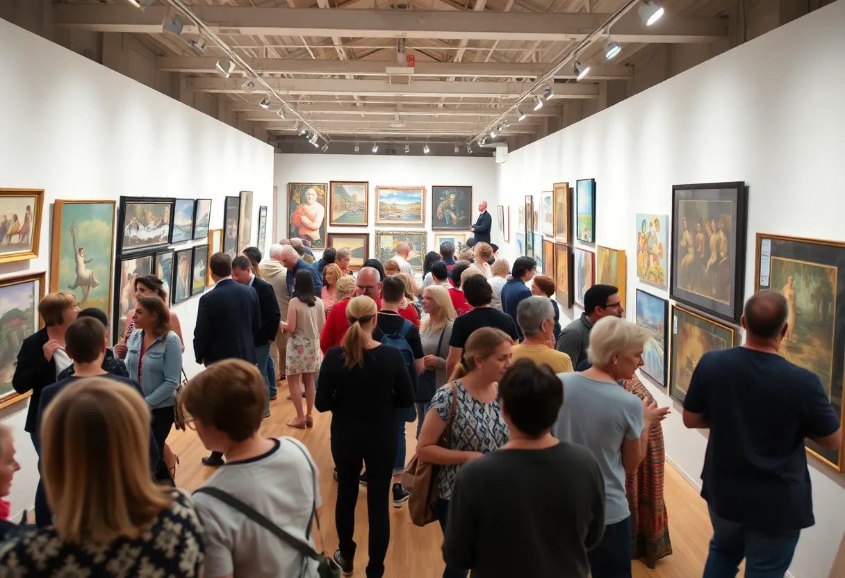 Art enthusiasts in a gallery discussing artworks.