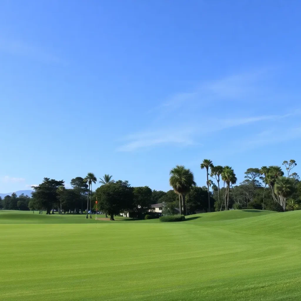 Close up of a beautiful golf course showcasing vibrant greens and peaceful scenery.