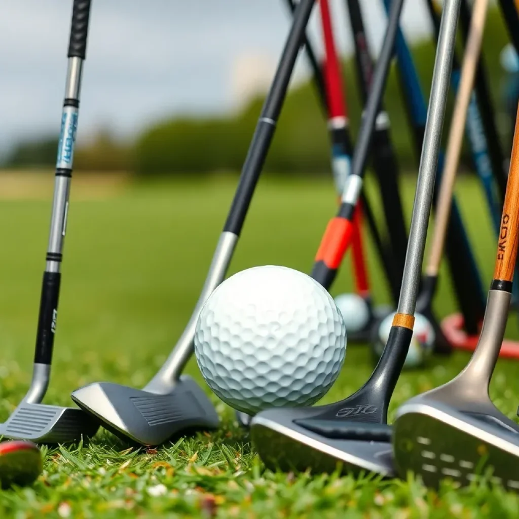 A variety of beginner golf clubs on a golf course