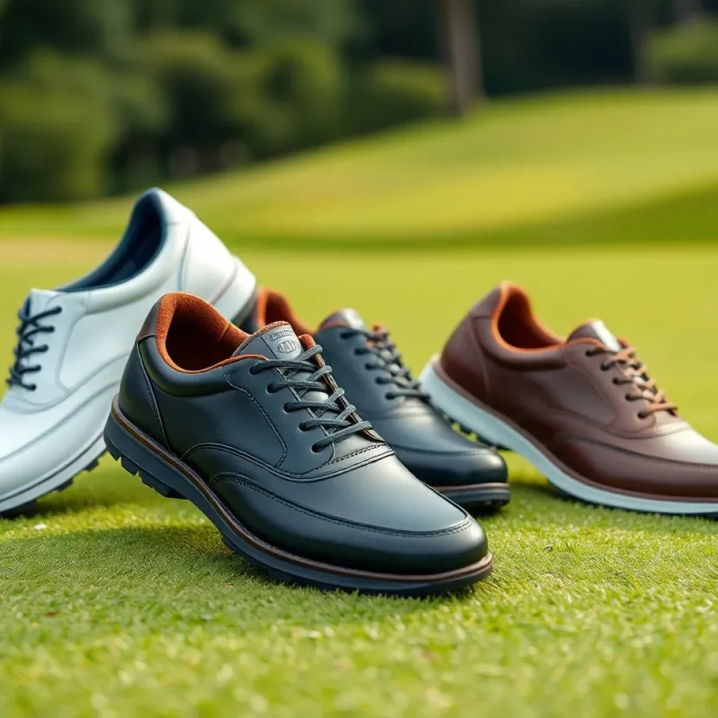 Stylish modern golf shoes positioned on a grassy golf course.