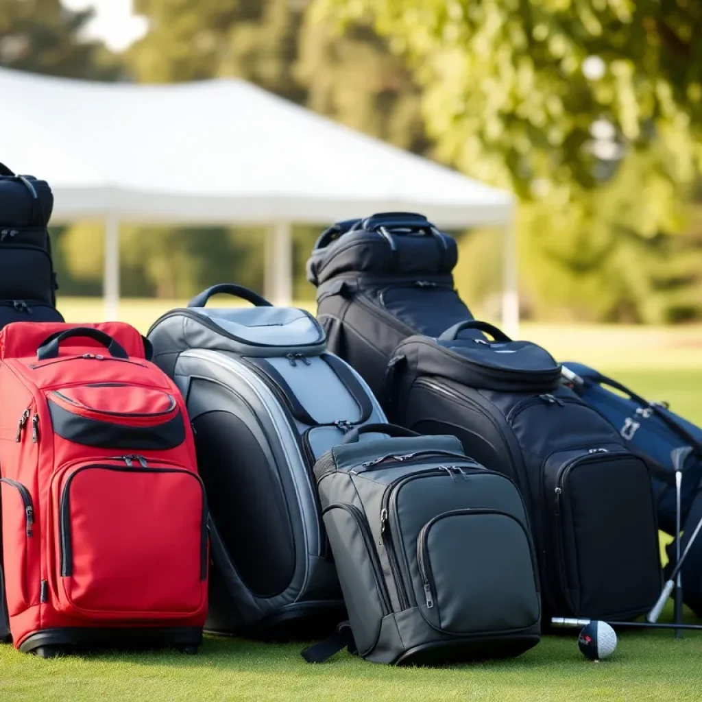 Various styles of golf travel bags on a golf course