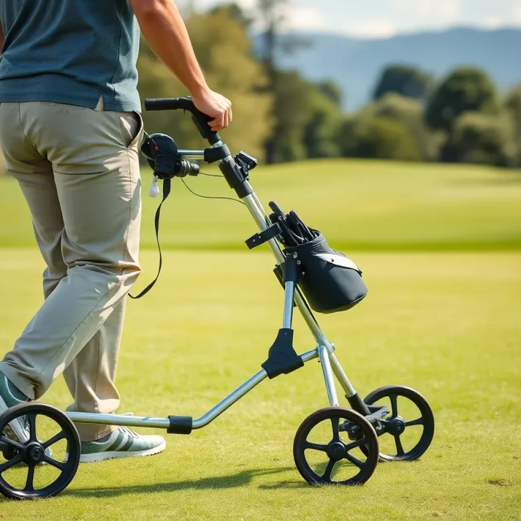 A range of golf trolleys displayed on a golf course.