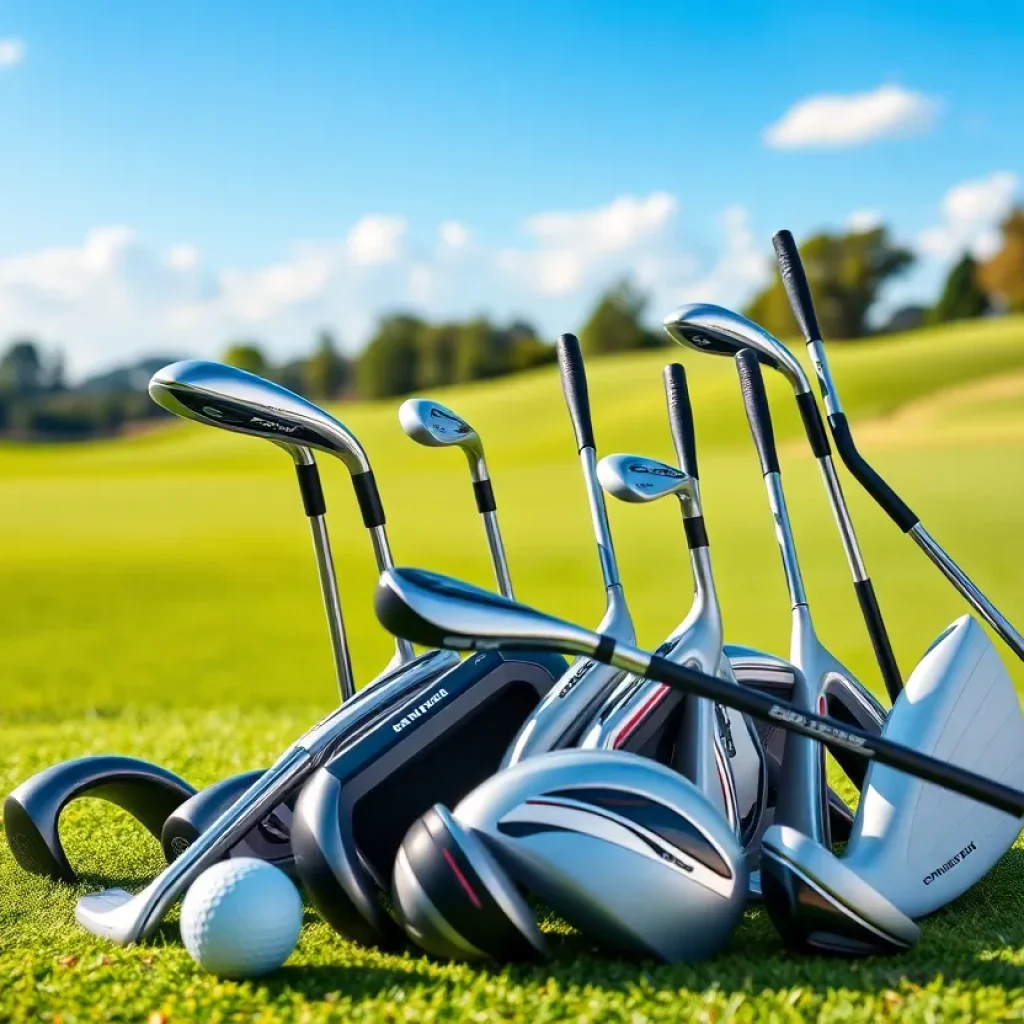 A variety of women's golf clubs on a golf course