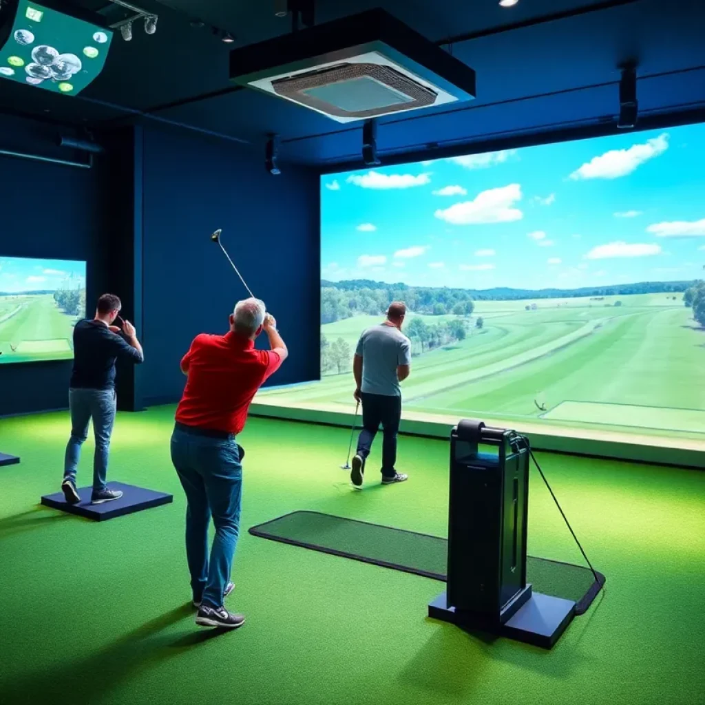 Interior view of BirdieBay, an indoor golf venue with simulators