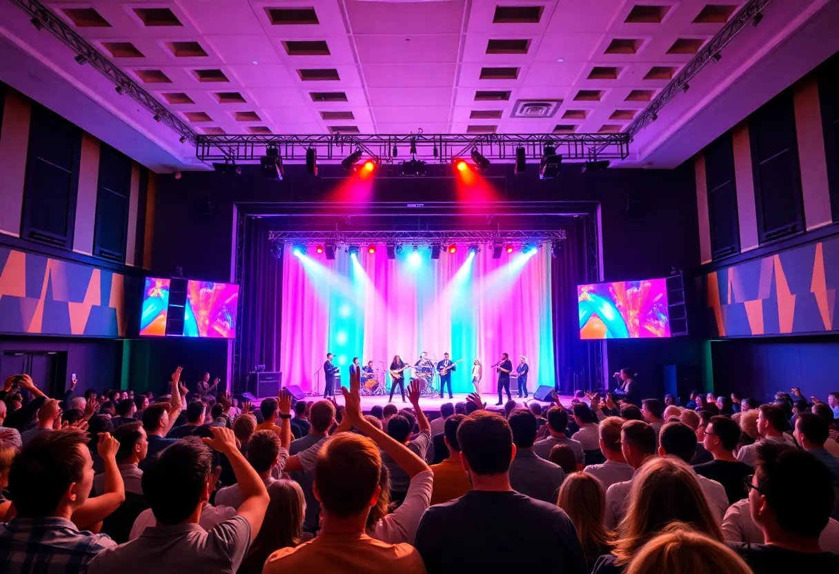 A colorful Blue Man Group performance on stage at ICON Park Orlando