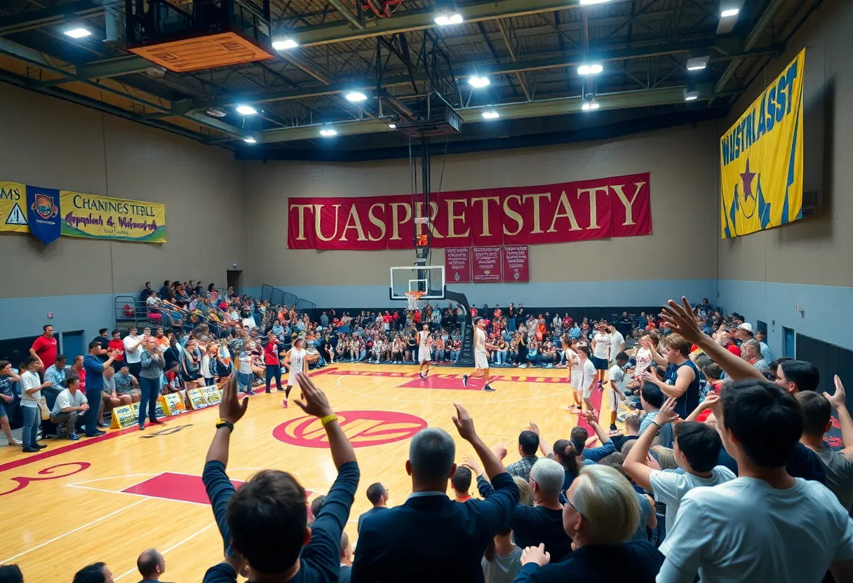 Fans cheering during a college basketball game