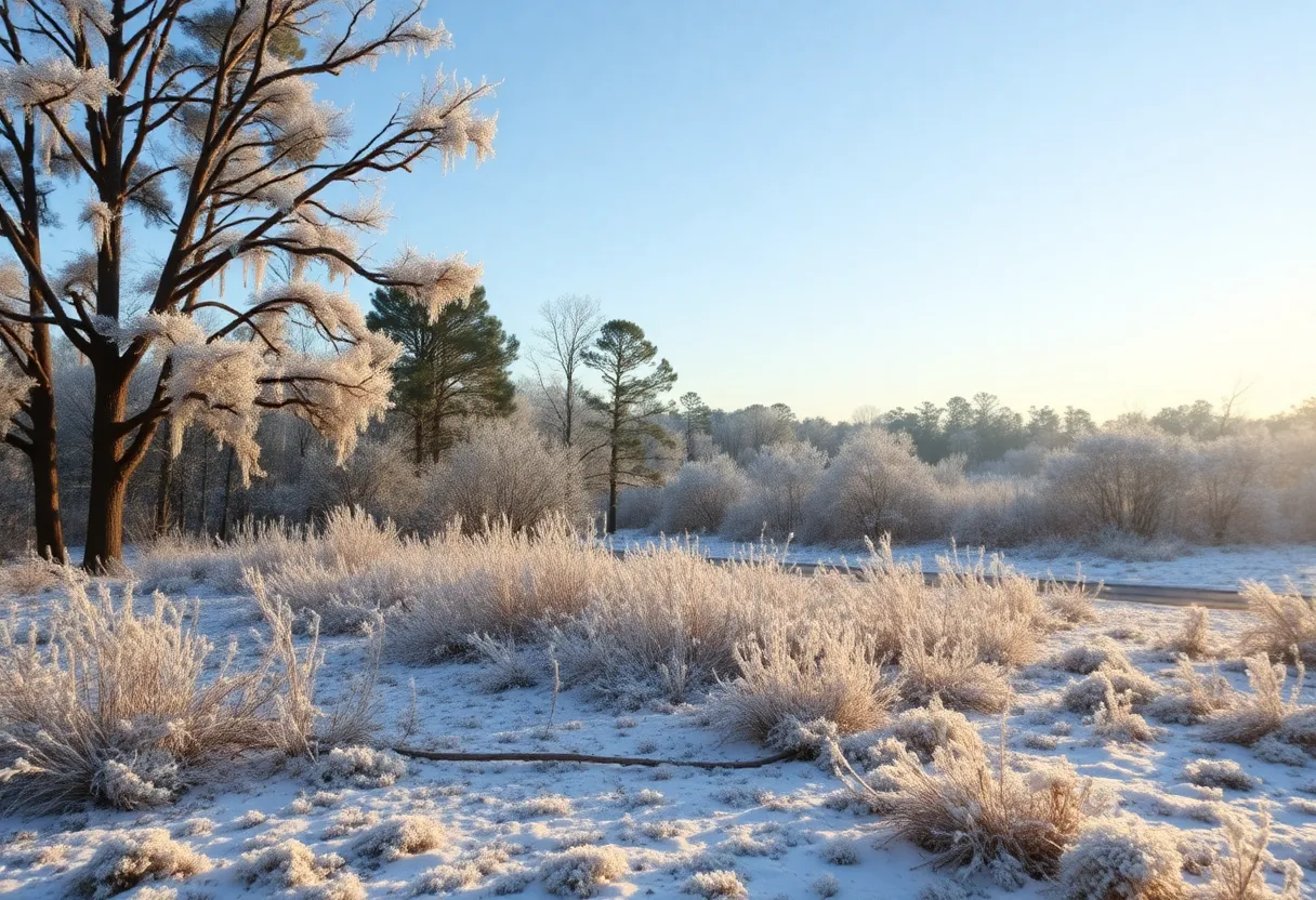 Winter landscape in Central Florida with frost covered trees