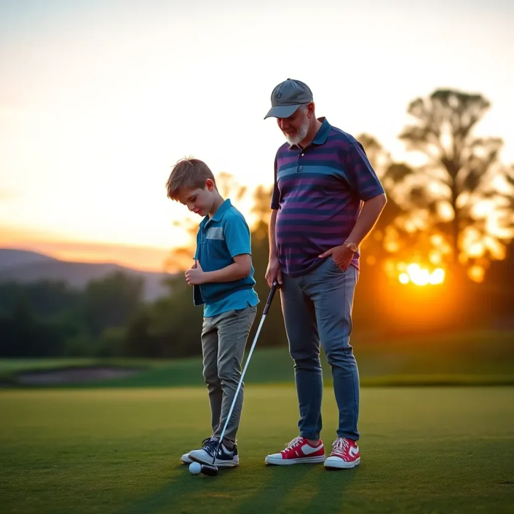 Father and son duo playing golf together on a picturesque golf course with lush greens.