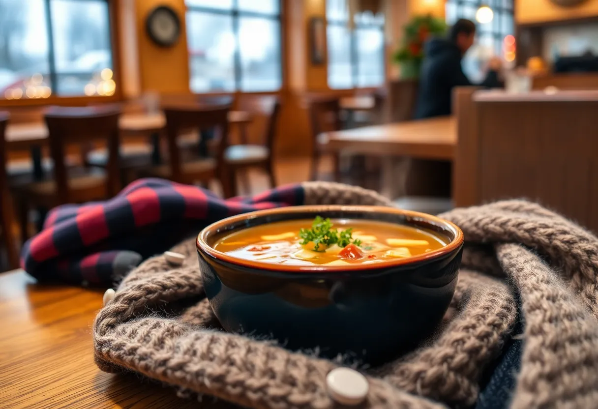 Steaming bowl of soup on a table in a restaurant