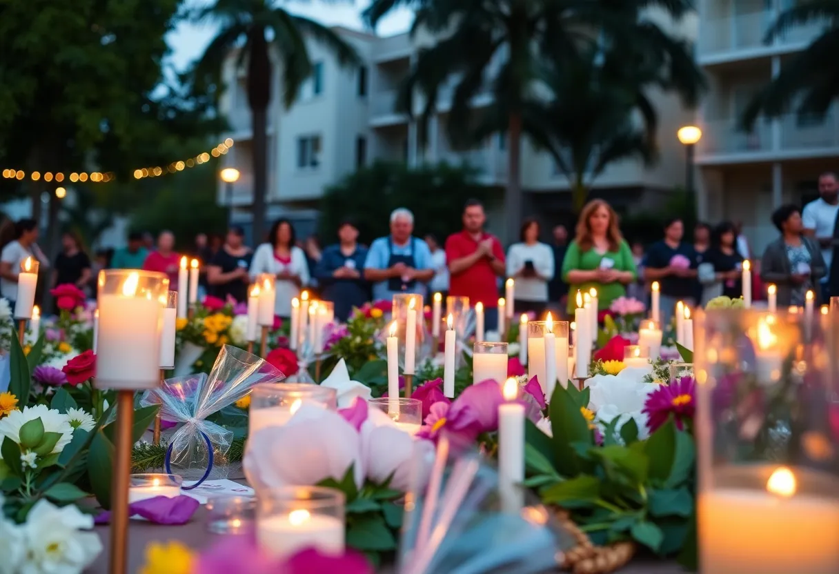 Community members gathering to honor Ruben Davila's memory with candles and flowers in an Orlando neighborhood.