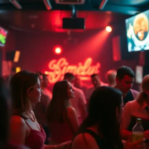 A blurred image of a nightclub with shadows, symbolizing concern and vigilance in the community.