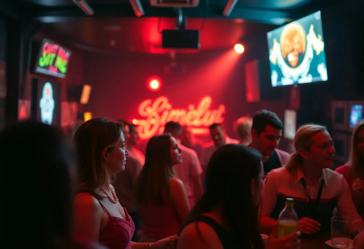 A blurred image of a nightclub with shadows, symbolizing concern and vigilance in the community.