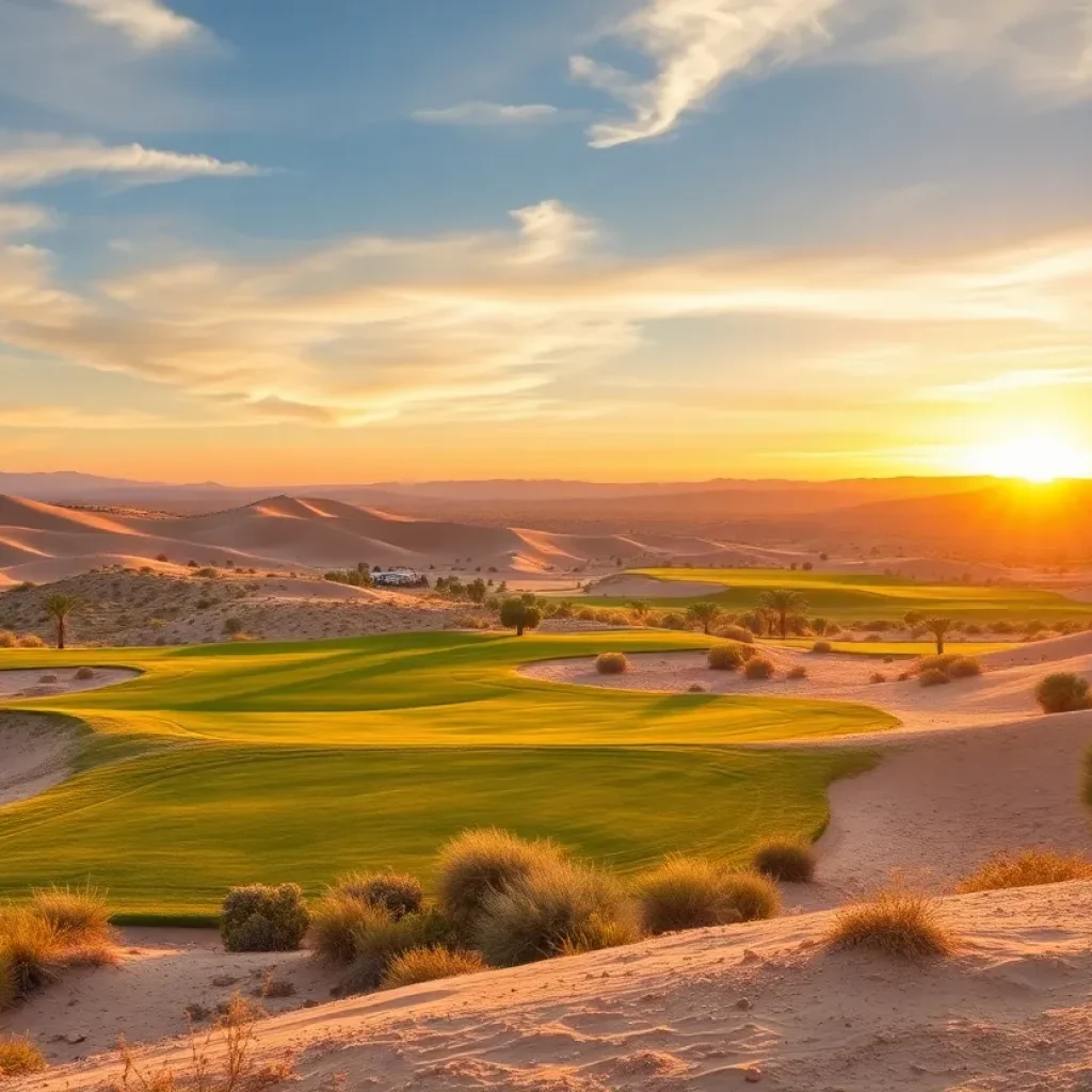 View of the Desert Dunes Golf Course at sunset, with sand dunes in the background.