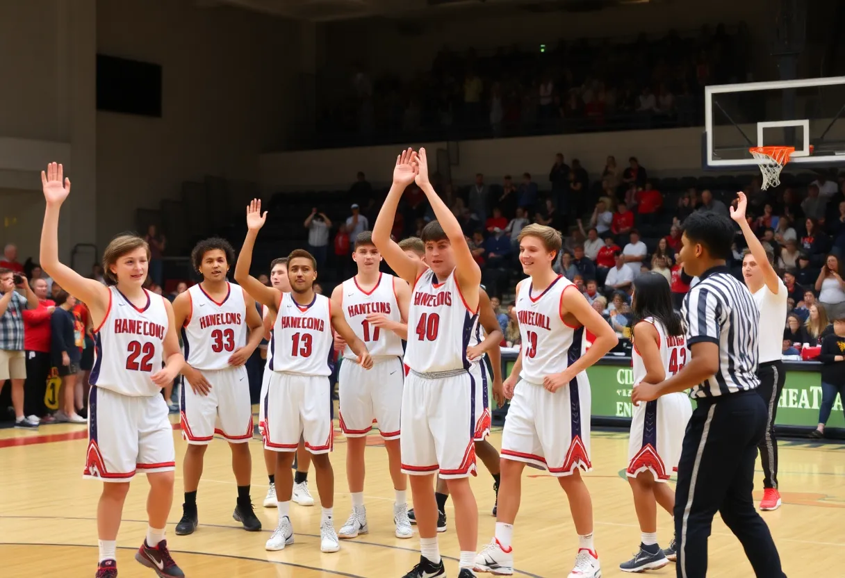 Celebration of Evans High School boys basketball team after a game