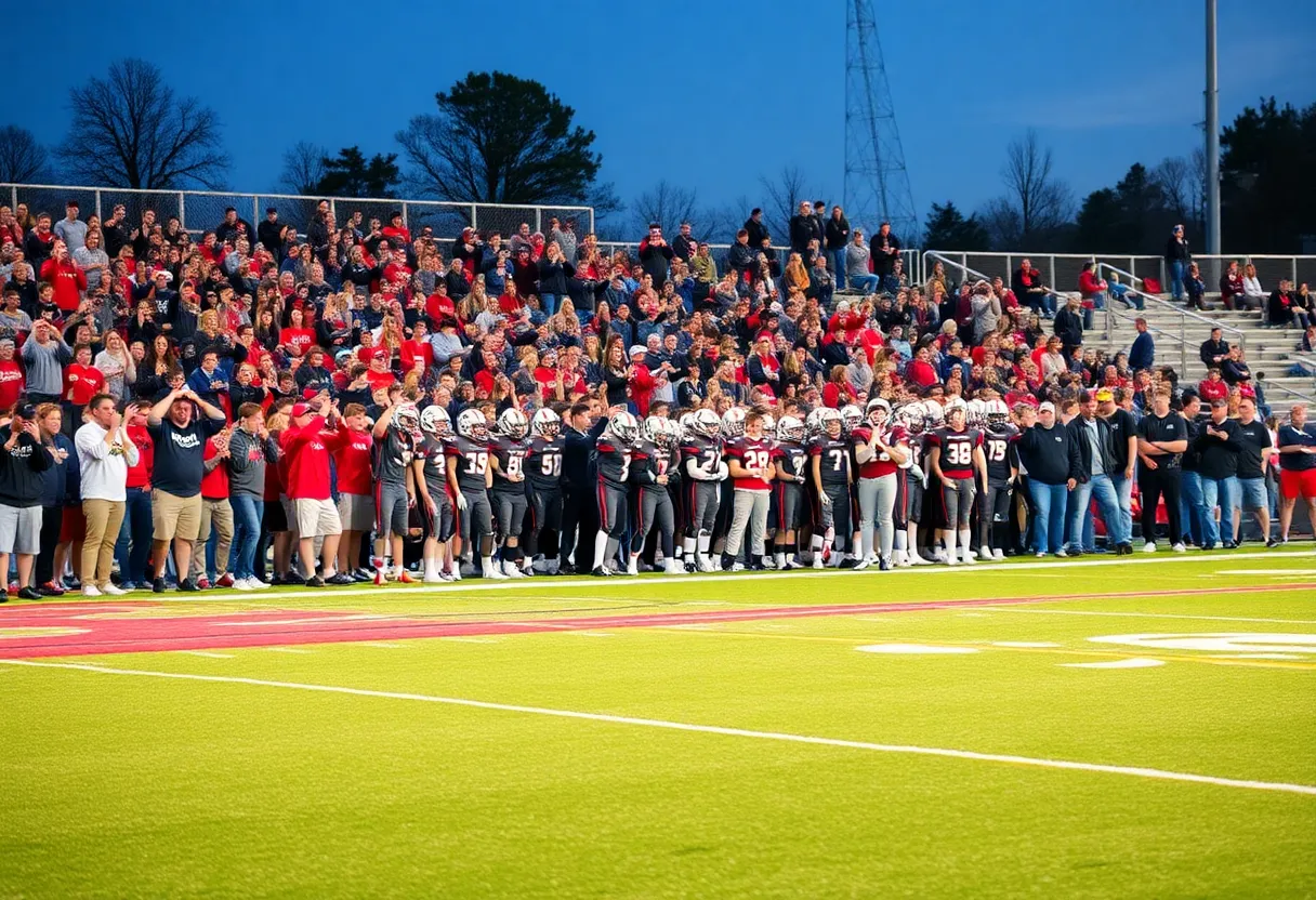 Crowd cheering at the Fightin' Tigers football game with players on the field.