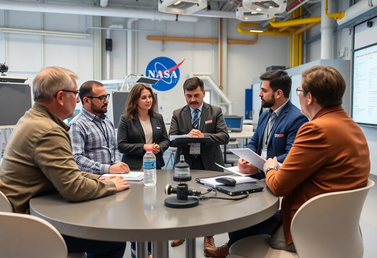 University representatives collaborating at a space center
