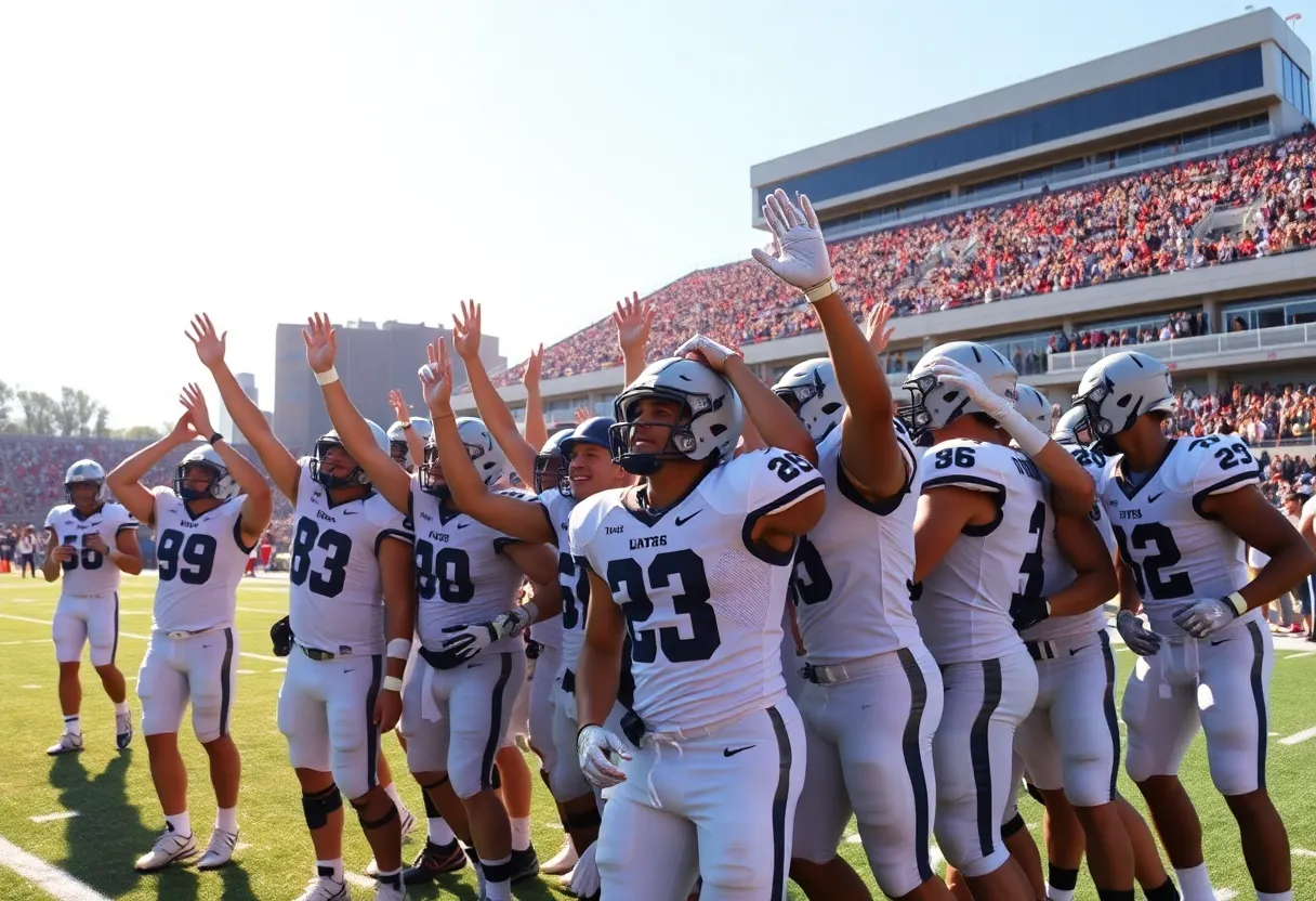 A college football team celebrates a victory in a stadium.