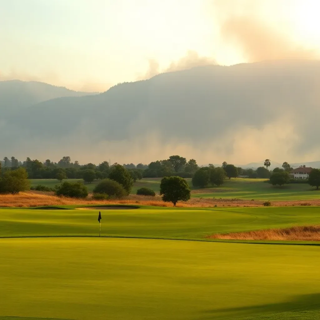 Golf course with wildfire smoke in the distance