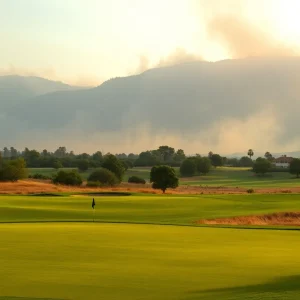 Golf course with wildfire smoke in the distance