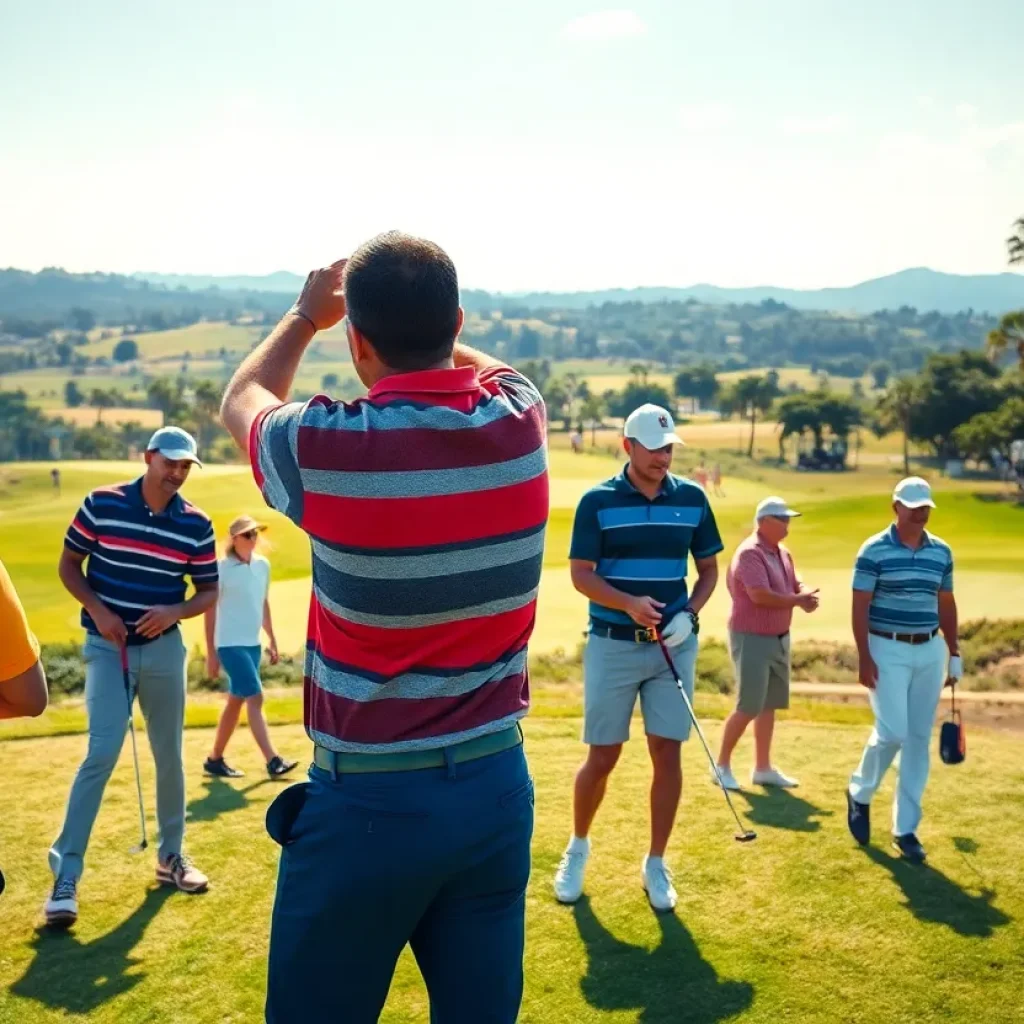 A scenic view of a diverse group of golfers on a lush golf course during a sunny day.