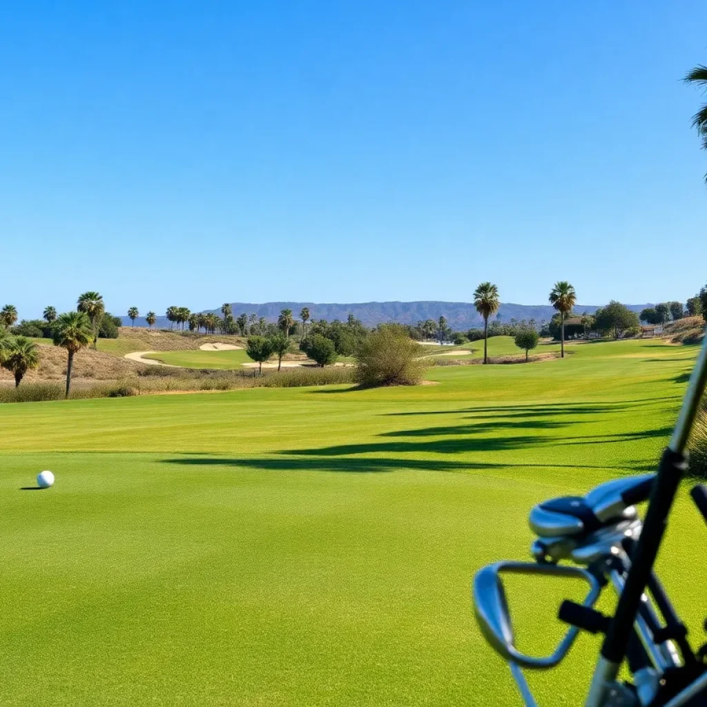 A sunny golf course in Carlsbad, California, with golfers playing.