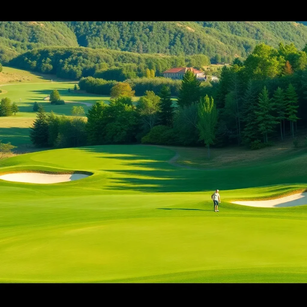 A picturesque view of a golf course with green fairways and a clear sky.