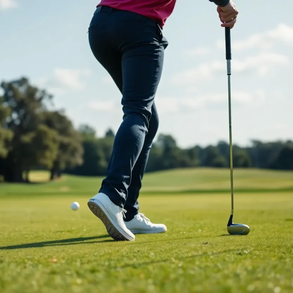 A golfer performing flexibility exercises in a scenic golf course.