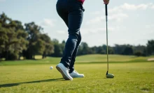 A golfer performing flexibility exercises in a scenic golf course.