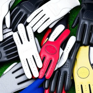 A golfer showcasing premium golf gloves on a sunny golf course.