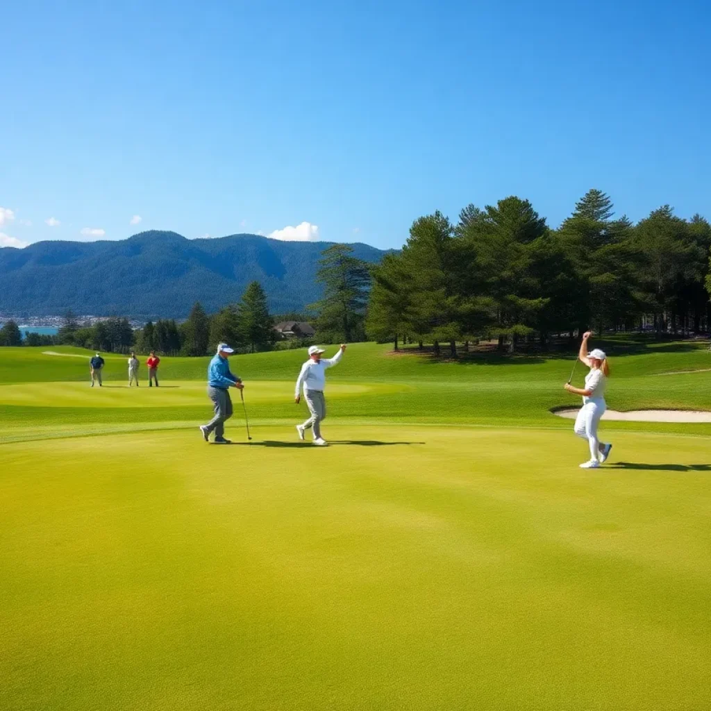Golfers celebrating a hole-in-one on the course