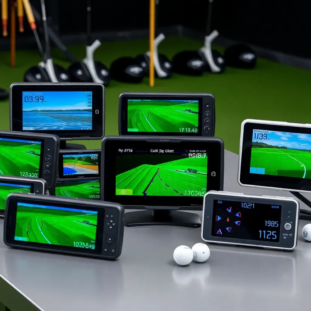 Various models of golf launch monitors in a practice setting