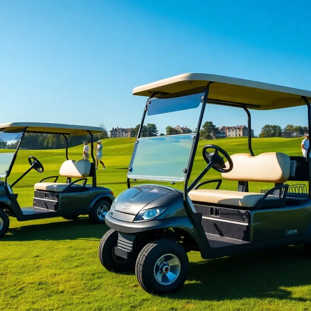 Various modern golf push carts on a golf course