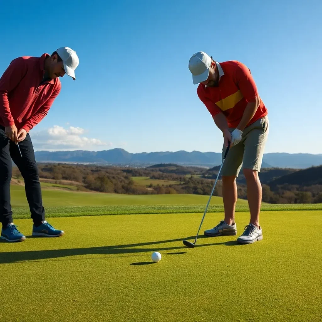 Celebration at a golf tournament with golf equipment and players
