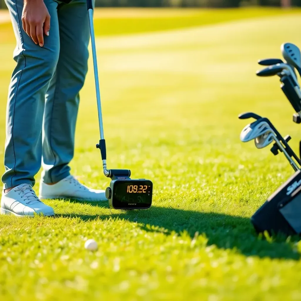 Golfer with shot tracking device on a golf course