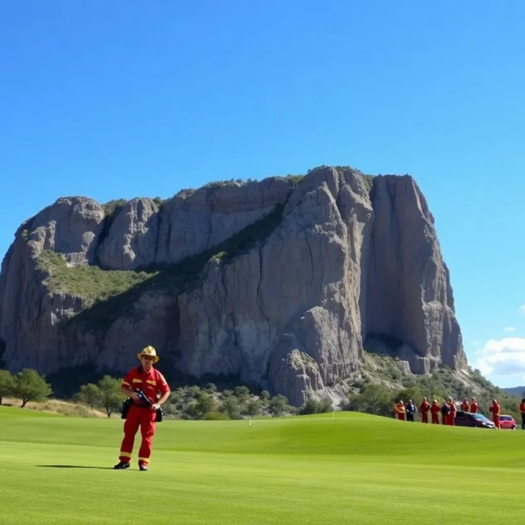 First responders rescuing golfers from a quarry during a rescue operation