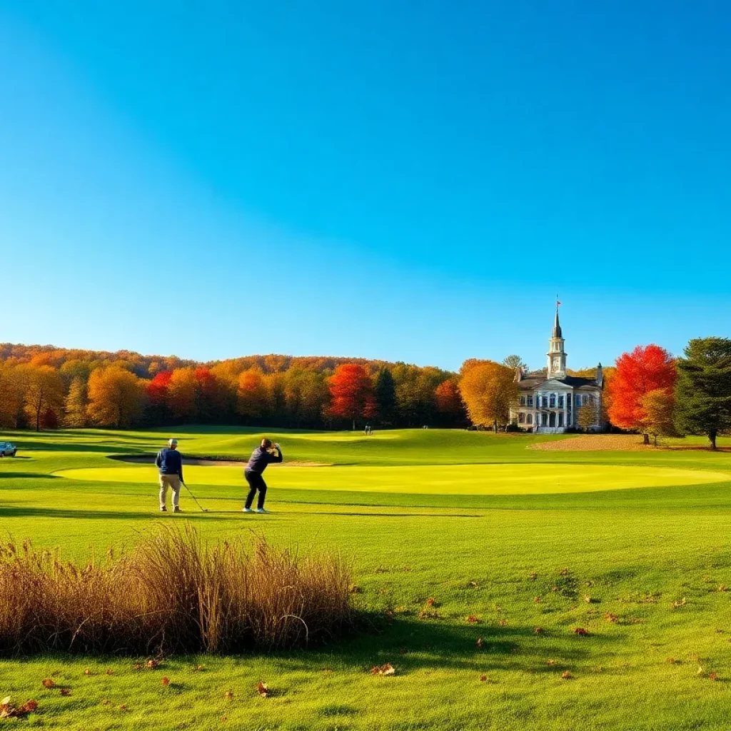 Golf course in Pennsylvania surrounded by autumn foliage.