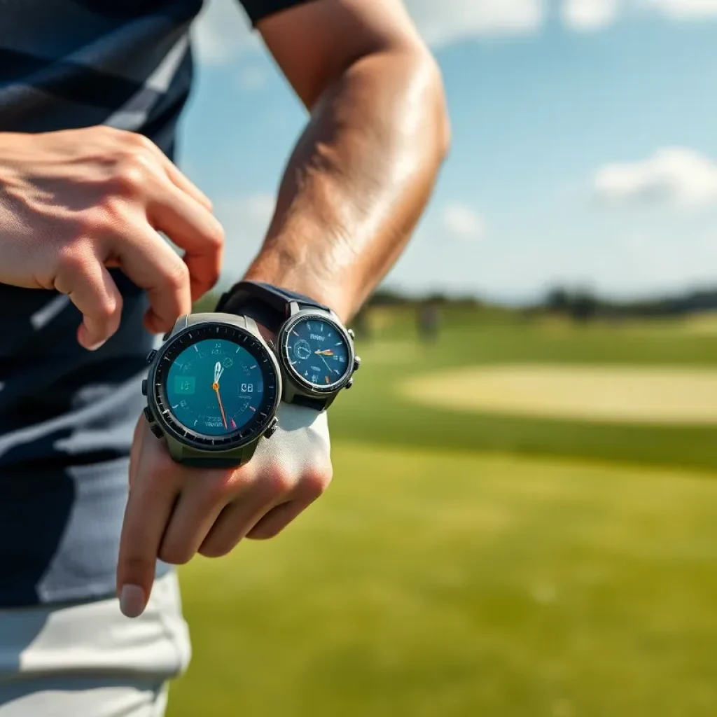 Display of GPS golf watches on a golf course
