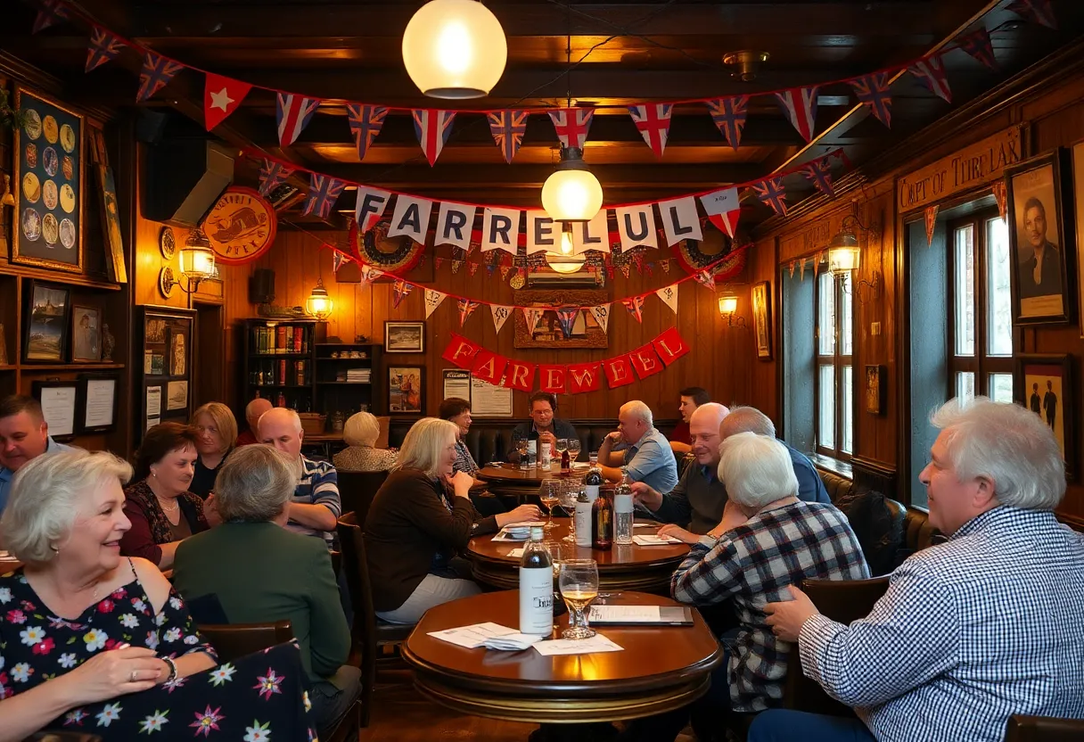 A community pub representing The Hammered Lamb filled with patrons celebrating their final days.