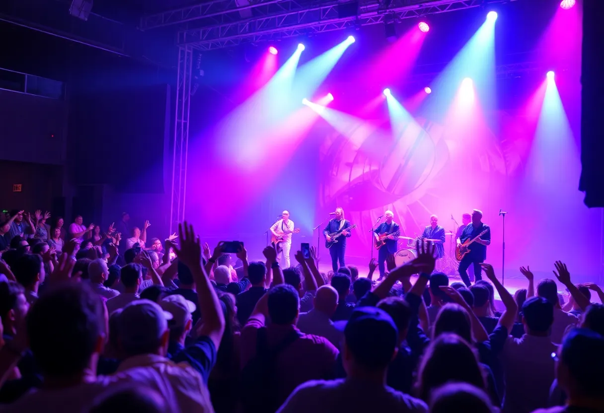 A concert scene featuring musicians on stage performing for a vibrant audience.