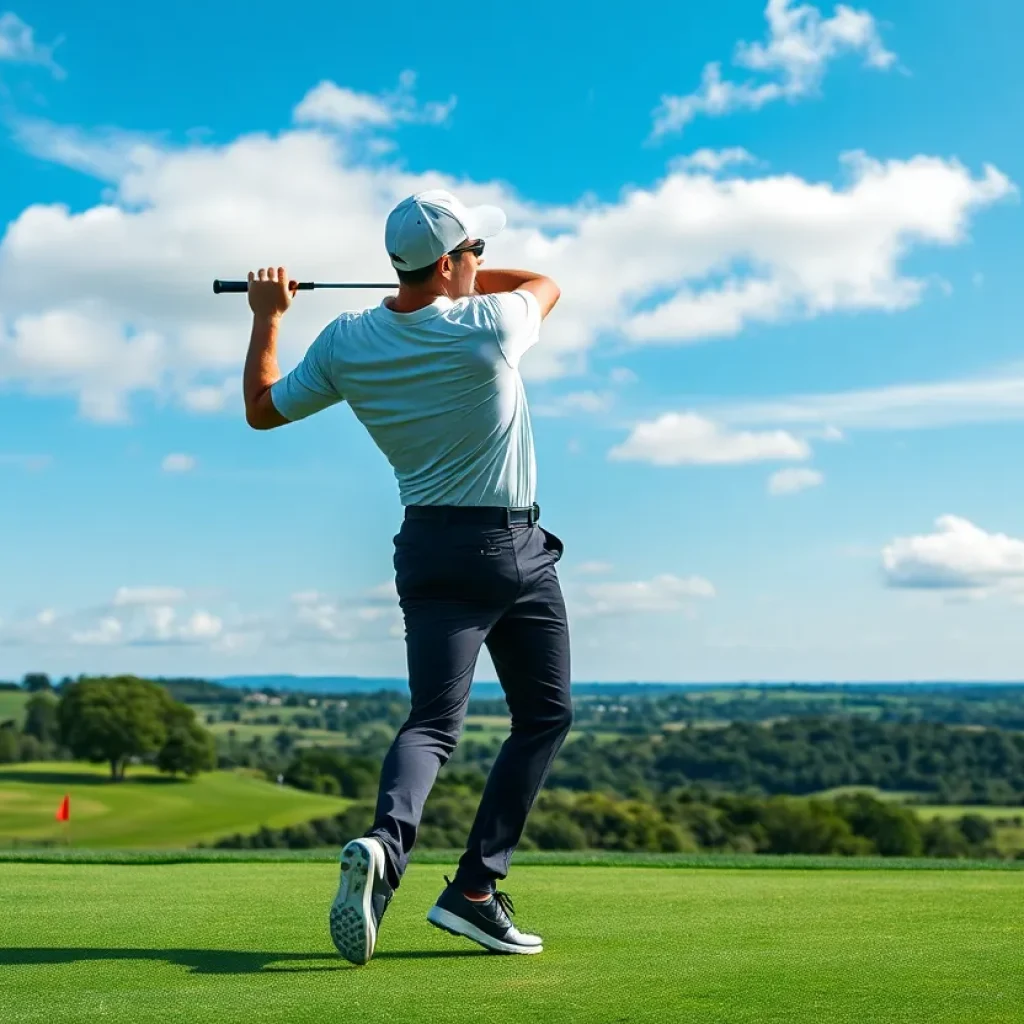 Golf clubs and equipment on a scenic golf course
