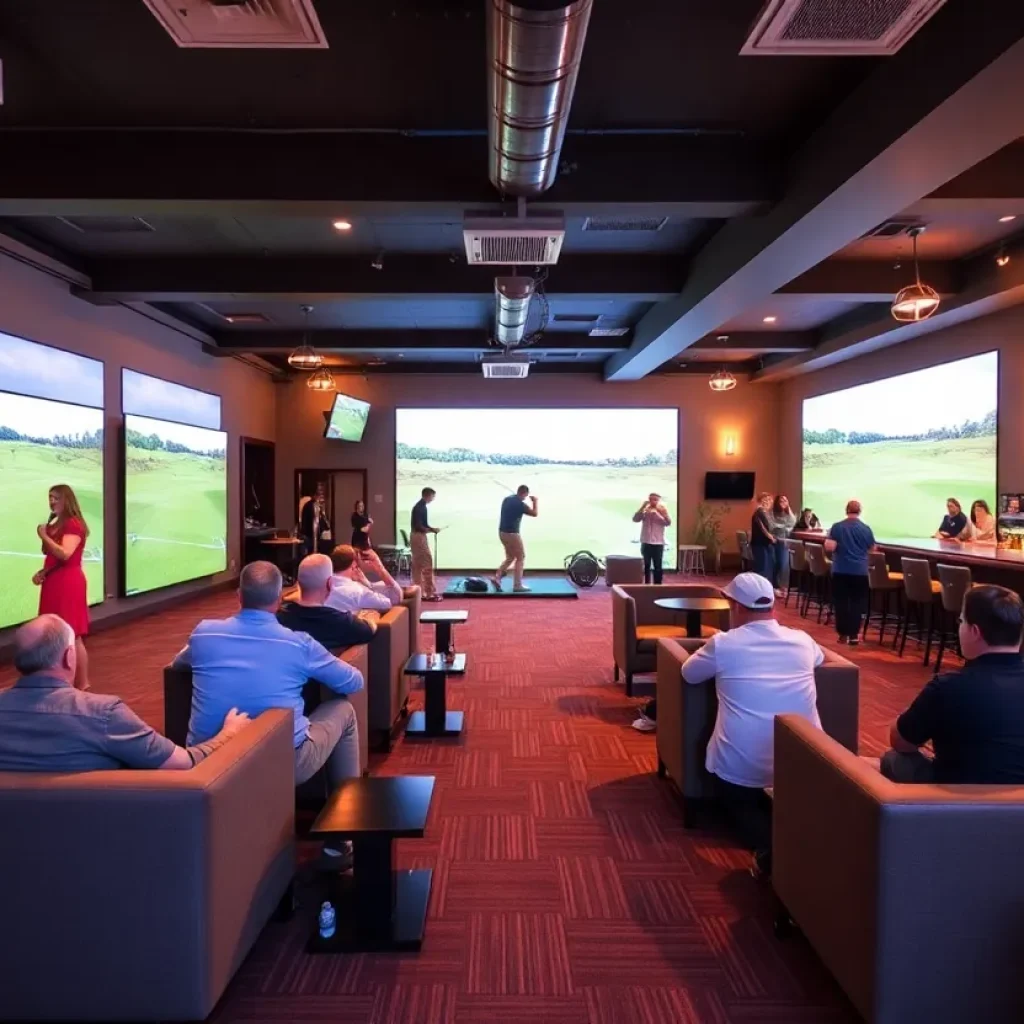 People enjoying golf simulators in a lively indoor lounge