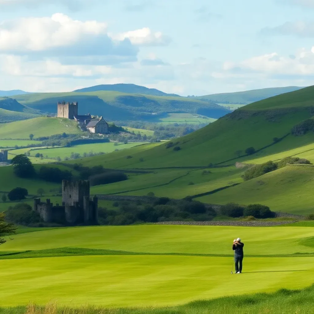 Scenic golf course in Ireland with golfers playing