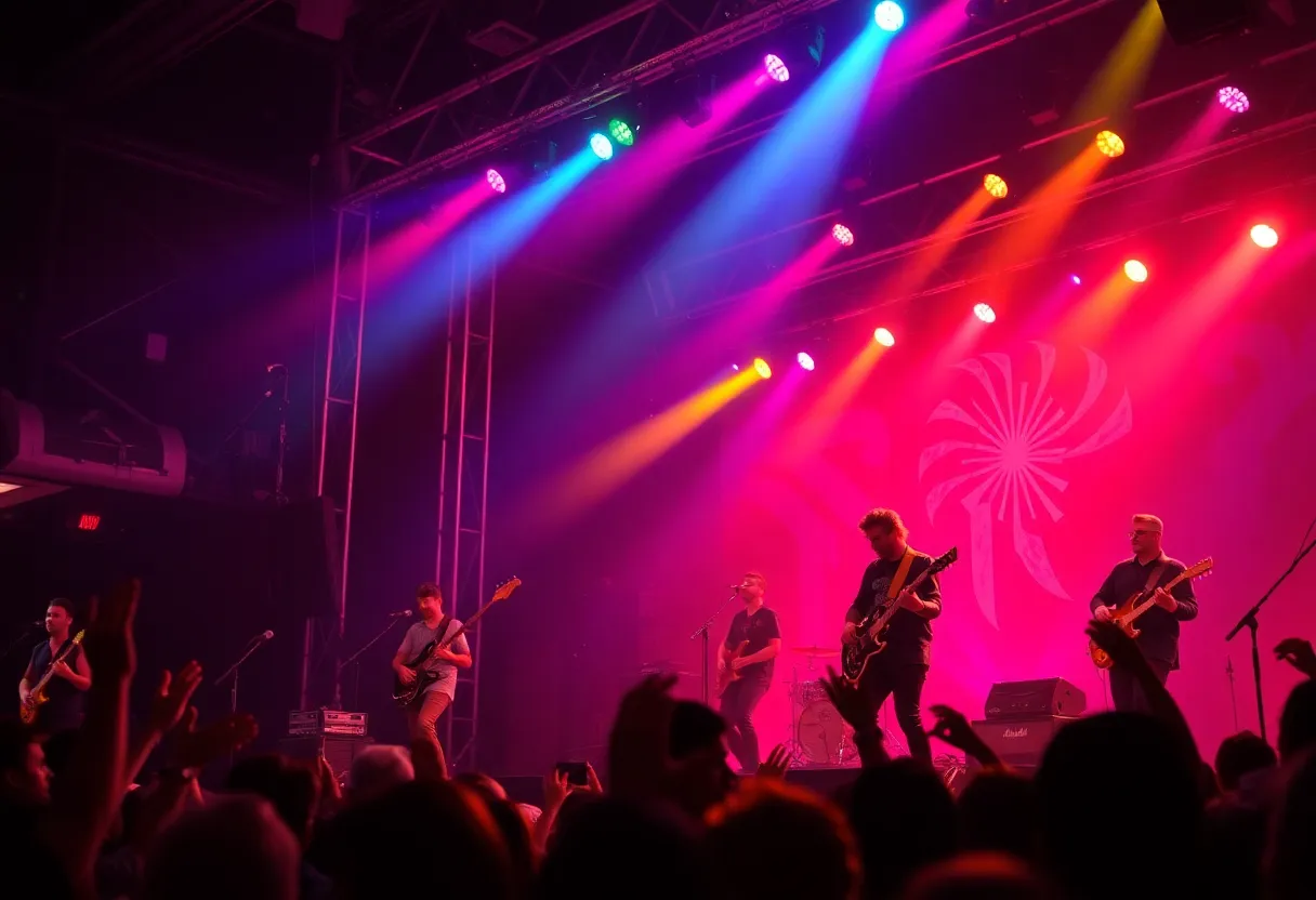 Indie pop band performing on stage with colorful lights