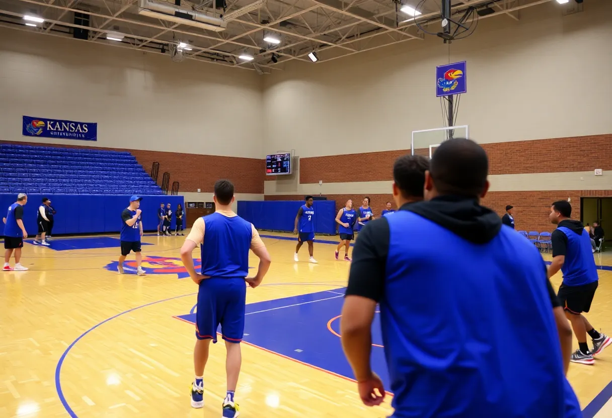 Kansas University basketball players practicing on the court