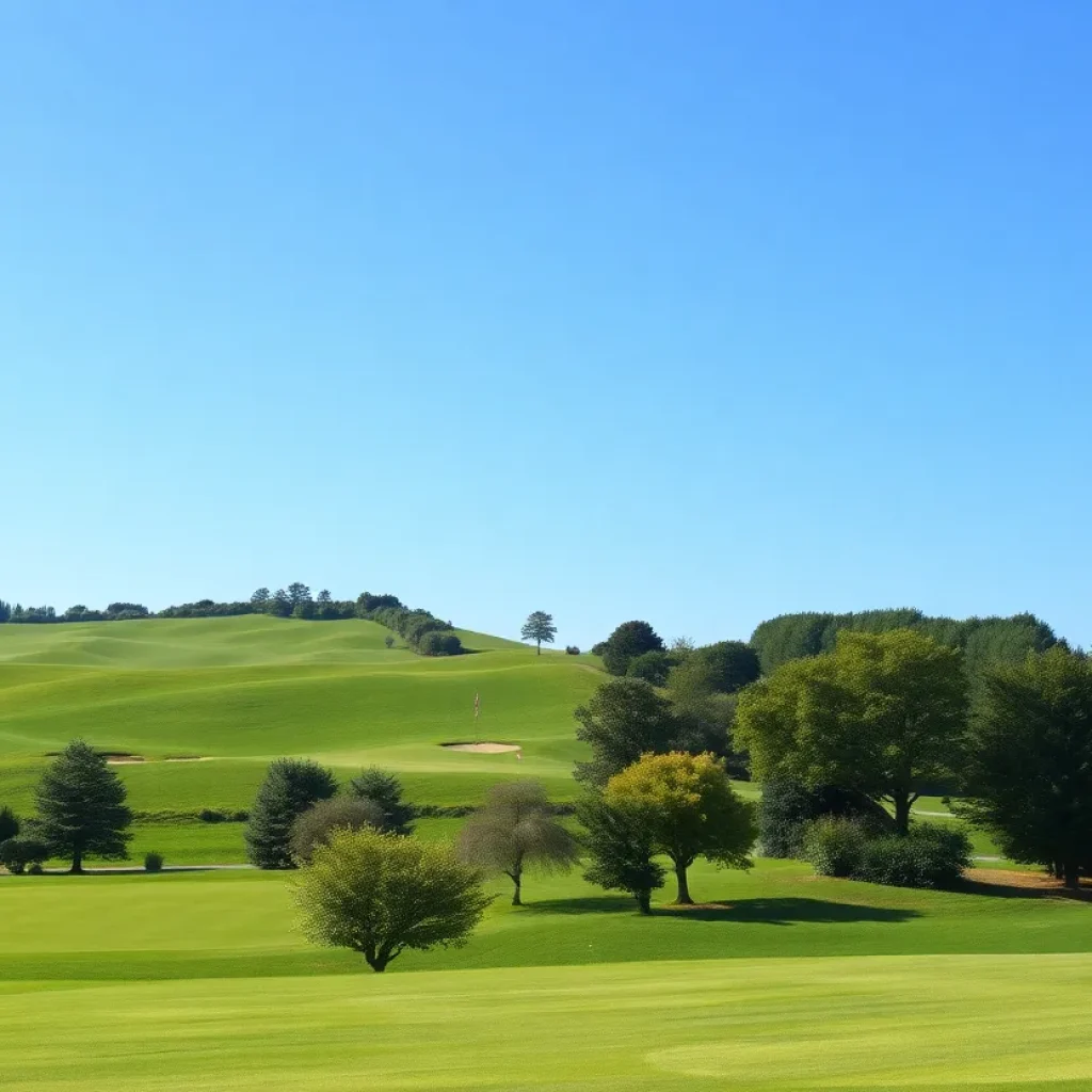 Golfers playing on Landmand Golf Course under bright blue skies.