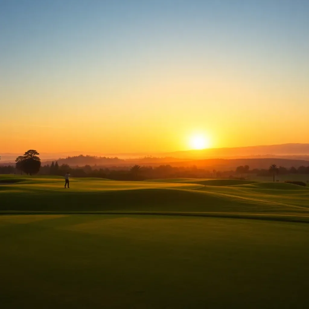 A picturesque view of Landmand Golf Club at sunset